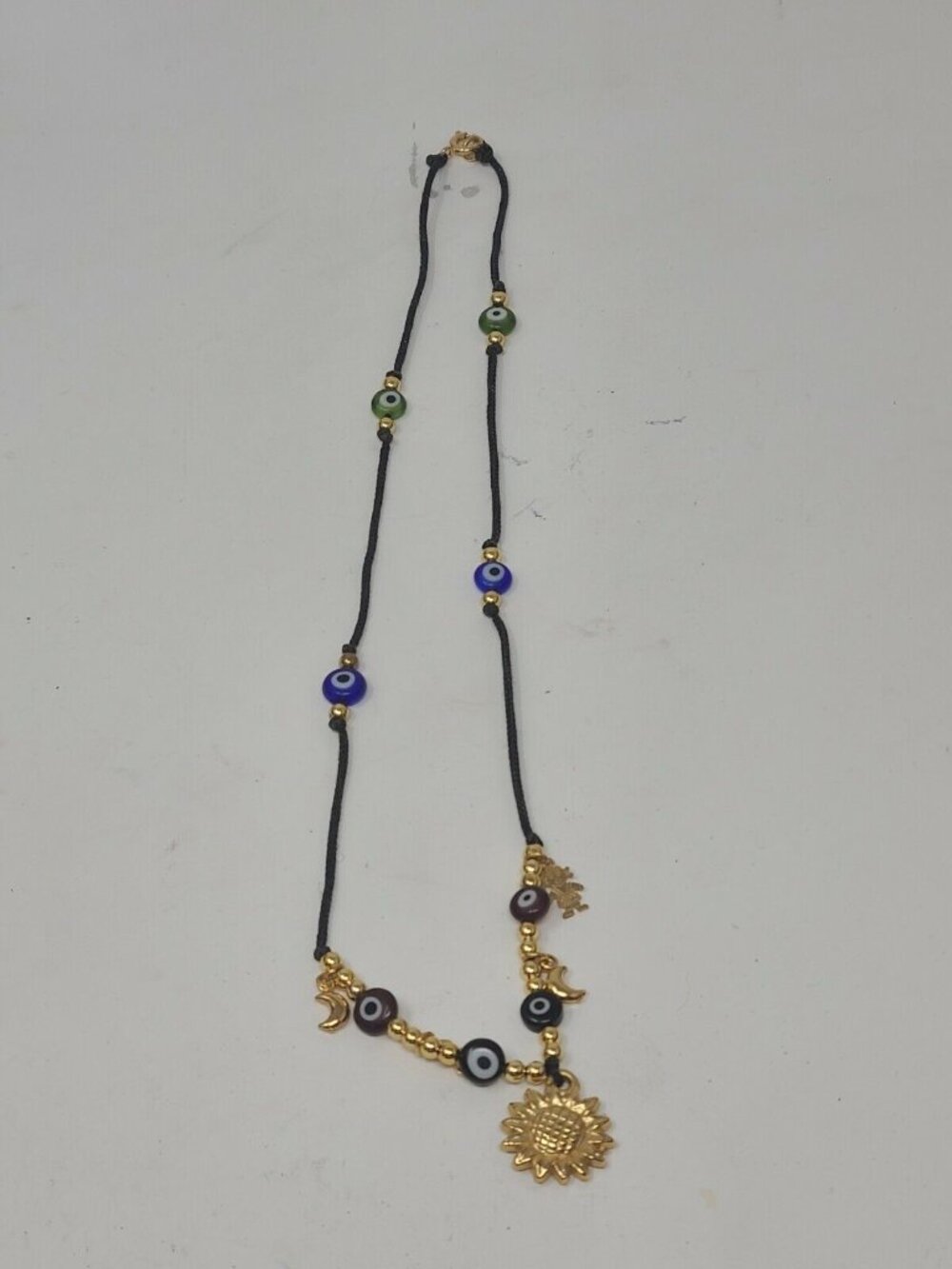 Black & Gold Tone Sun & Moon Necklace w/ Evil Eye Beads